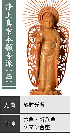 檀木 西立弥陀如来像 / 浄土真宗本願寺派 (西) / 放射光背 / 六角台座・新八角台座・ケマン台座