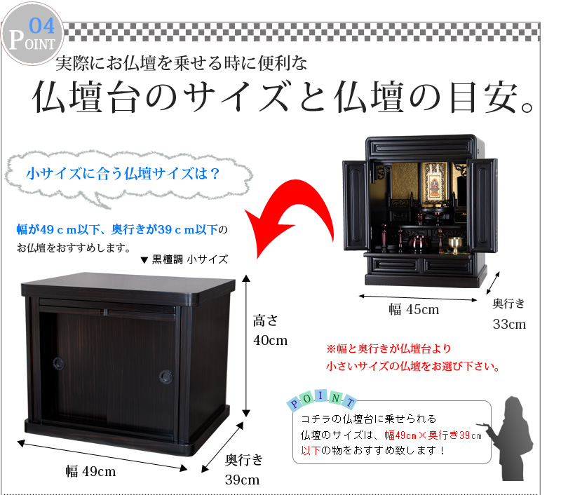 【伝統型仏壇台 黒檀調 紫檀調 欅調（小・中・大）】仏壇台のサイズと仏壇の目安