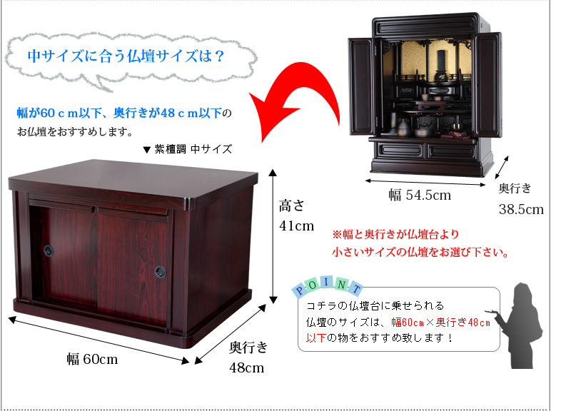 【伝統型仏壇台 黒檀調 紫檀調 欅調（小・中・大）】仏壇台のサイズと仏壇の目安