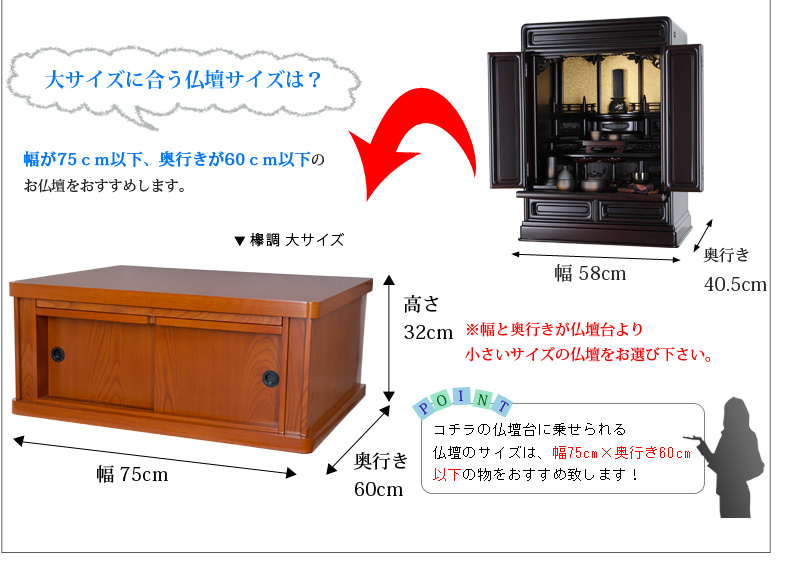 【伝統型仏壇台 黒檀調 紫檀調 欅調（小・中・大）】仏壇台のサイズと仏壇の目安