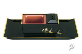 焼香盆やすらぎセット5.0寸 黒フチ金 蒔絵 鉄仙 小 廻し香炉おぼんセット