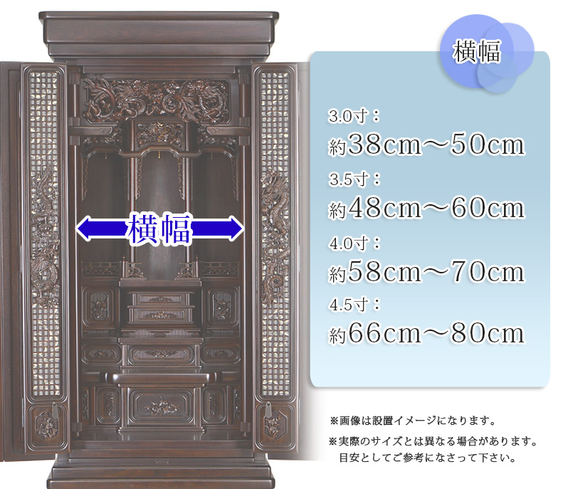 仏具セット 【銅器 青葉型 国光メッキ 山水彫】に合うお仏壇のサイズ