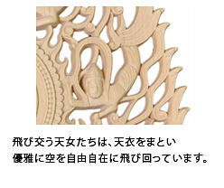 飛び交う天女たちは天衣をまとい、優雅に空を自由自在に飛び回っています。