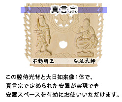 この脇侍光背と大日如来像1体で、真言宗で定められた安置が実現でき安置スペースを有効にお使いいただけます。