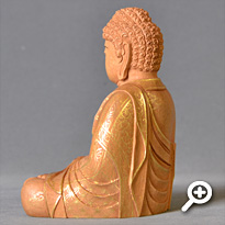 白檀 座釈迦如来像 金泥書 唐草光背・六角台座 フォトギャラリー