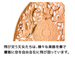 飛び交う天女たちは様々な楽器を奏で、優雅に空を自由自在に飛び回っています。