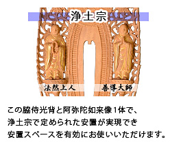 脇侍光背には法然上人・善導大師が、脇仏光背には勢至菩薩・観音菩薩が美しく浮き彫られております。