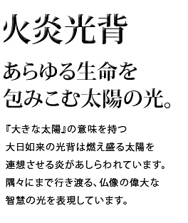 あらゆる生命を包み込む太陽の光。『大きな太陽』の意味を持つ大日如来の光背は燃え盛る太陽を連想させる姿があしらわれています。隅々にまで行き渡る、仏像の偉大な智慧の光を表現しています。