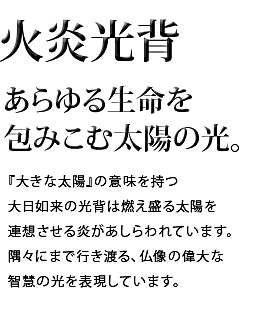 あらゆる生命を包みこむ太陽の光。『大きな太陽』の意味を持つ大日如来の光背は燃え盛る太陽を連想させる炎があしらわれています。隅々にまで行き渡る、仏像の偉大な智慧の光を表現しています。