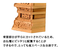 背面部分が平らにカットされているため、お仏壇にピッタリと配置することができるので、とっても省スペースな台座です。