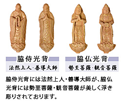 脇侍光背には法然上人・善導大師が、脇仏光背には勢至菩薩・観音菩薩が美しく浮き彫られております。