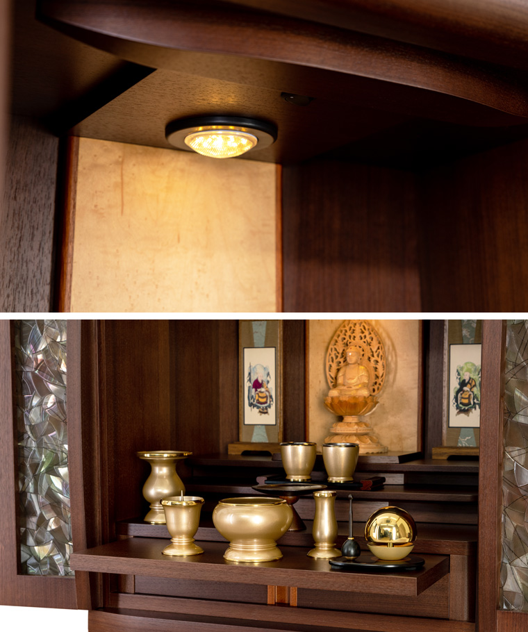 モダンミニ仏壇「ピエット ウォールナット」LEDライト、仏具設置イメージ
